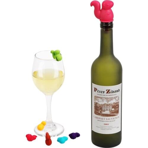 7 pcs/set Wine Cork Plug Cute Squirrel Shape Wine Bottle Stopper Rubber Wine Glass Label Drink Cup Mixproof Silicone Marker