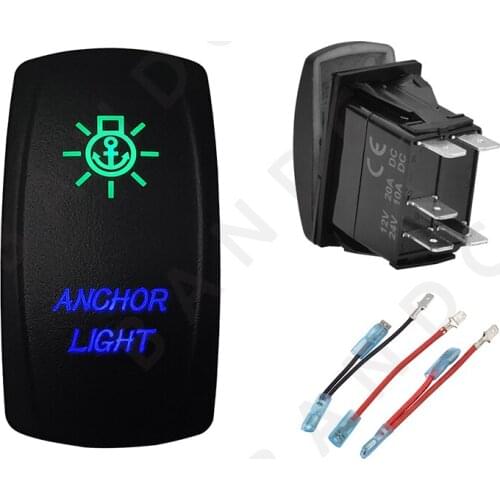 Car Boat Marine ANCHOR LIGHT Rocker Switch 5P ON-OFF SPST Laser Etched Illuminated Green&Blue Led Lights，Jumper Wire Set