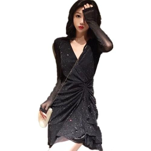 B3639 2020 spring and autumn new women fashion sexy v collar shows thin fishtail elastic sequined dress cheap wholesale