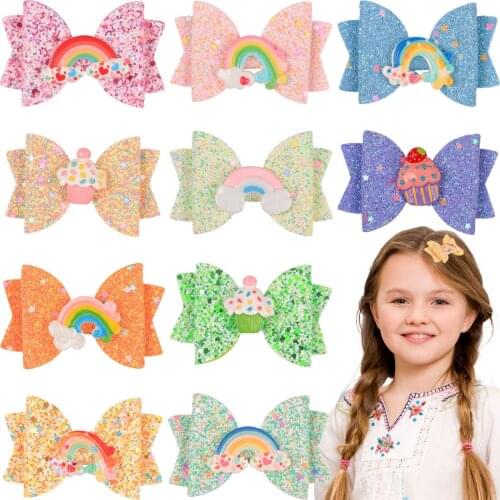 1 PC Rainbow Bows for Girls Sparkle Glitter 3 Inch Hairbow with Alligator Hair Clips Children Barrettes Kids Hair Accessories