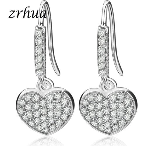 Charm Crystal Love Heart Earrings for Women Elegant Full Zircon Drop Earring Luxury Dangle Brincos Ladies Ear Jewelry Wholesale