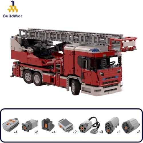 Buildmoc Technical Rc Remote Control Fire Truck City Project Fire Ladder Building Blocks Car Model Children Toys Birthday Gifts