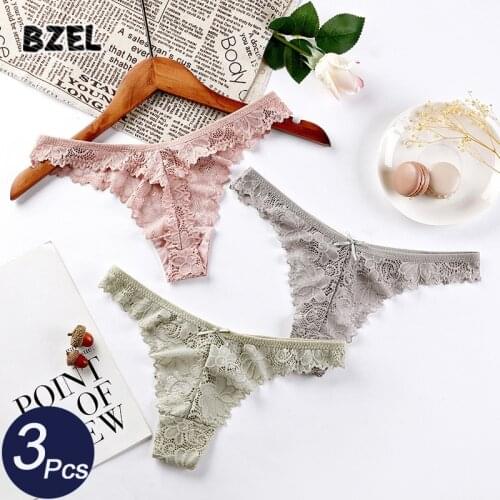 BZEL 3Pcs/lot Sexy Women Lace G-String Underwear Seamless Hollow Out Thongs Low Waist Woman Panties Set Comfort Lady Lingerie