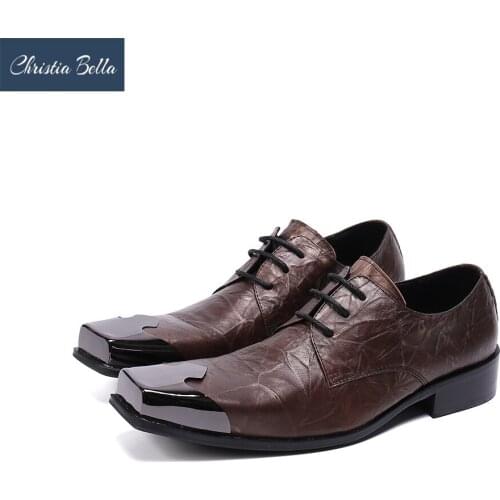 Christia Bella British Wedding Party Formal Oxford Shoes For Men Genuine Leather Brogue Shoes Square Toe Lace Up Dress Shoes