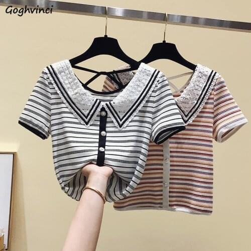 T-Shirts Women Striped Simple Leisure Korean Style Trendy Chic Soft Sexy Female Tops Elegant Harajuku Vintage Ulzzang Streetwear