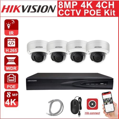 Hikvision CCTV Kit 8MP 4CH POE NVR DS-7604NI-K1/4P 8MP 4K IP Camera DS-2CD2185FWD-I Dome IP Camera APP IP67 Remote view