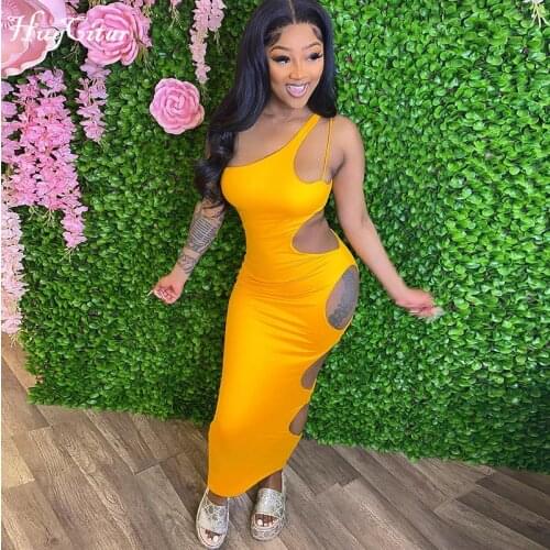 Hugcitar 2021 Sleeveless One-Shoulder Bodycon Solid Hole Hollow Out Sexy Dress Summer Women Fashion Streetwear Party Club Y2K