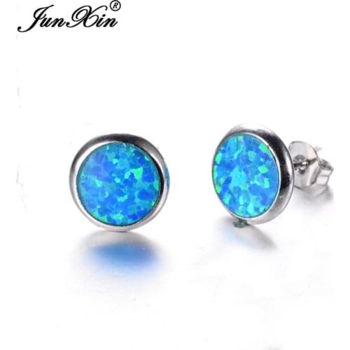 JUNXIN Fashion Female Small Round Stud Earrings Blue/White Fire Opal Earrings For Women