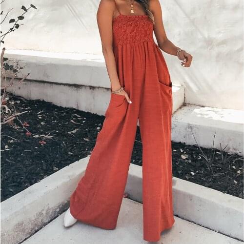 Foridol Casual Pockets Wide Leg Jumpsuits Women Strap Sleeveless Elastic Red Jumpsuit Overalls Summer Autumn Long Pants Loose