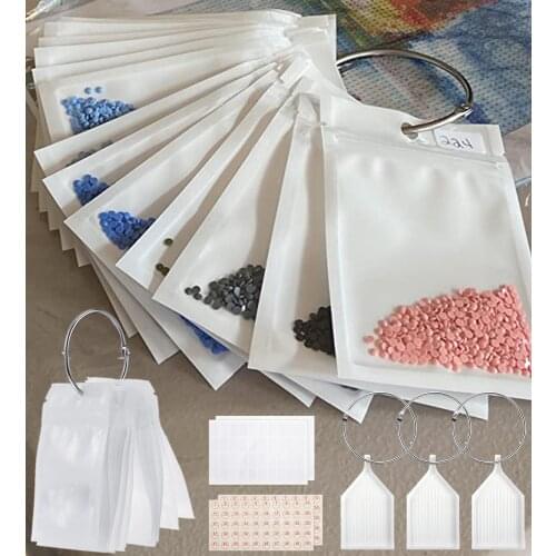 50 PCS Diamond Painting Storage Containers Self-Seal Bags with Loose Leaf Binder Rings Diamond Tray Number Sticker Lable Sheets