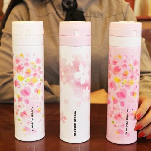 Creative Stainless Steel Oriental Cherry Sakura Thermos Portable Unisex Students Personality Trendy Straw Cup