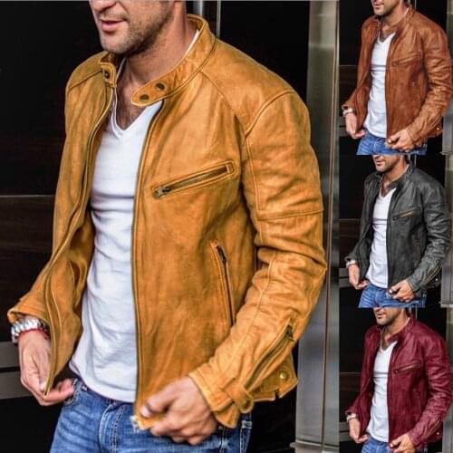 Spring and Autumn Fashion PU Leather Stand Collar Casual Punk Mens Motorcycle Leather Brown Jacket Leather Jacket Men