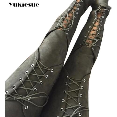 Suede Leather Pants Women 2017 Autumn Winter Lace Up Bodycon High Waist Pants Leggings Soft Pencil Pants Female Bottom femme