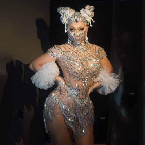 Flashing Shining Rhinestones Tassel Lovely Dress WomenS Birthday Party Outfit Bar Women Singer Dancer Dress Rave Wear DT3105