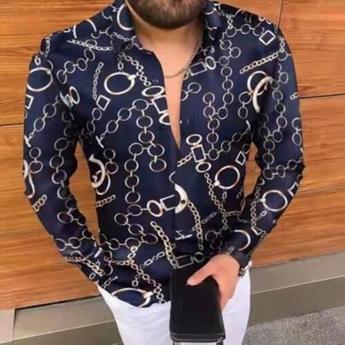 2021 Men Autumn Silk Satin Digital Printed Blouse Mens Casual Shirts Streetwear Slim Fit Black Long Sleeve Shirt Tops