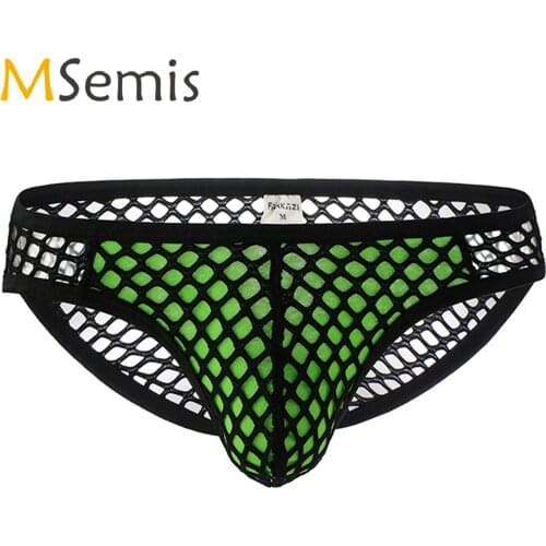 Mens Lingerie Sexy See-through Fishnet Underwear Low Waist Hollow Out Hot Briefs Panties Contrast Color Bulge Pouch Underpants