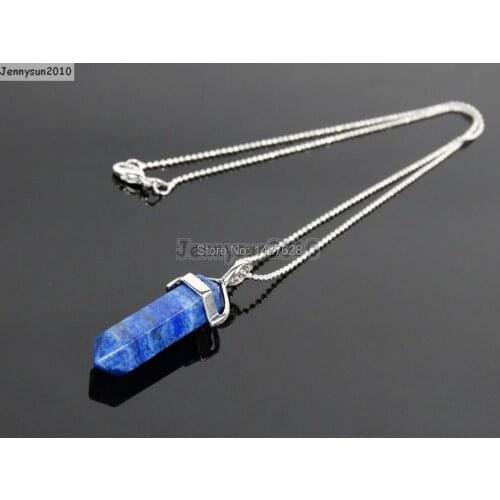 Natural Lapis Lazuli Gems Stones Hexagonal Pointed Healing Reiki Chakra Pendant Beads Silver 17'' Chain Necklace 5 Sets/Pack