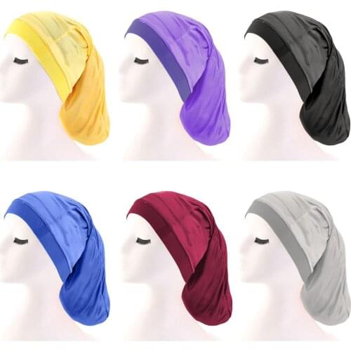 New Women Satin Cap Wide Elastic Band Bonnet Turban Baggy Muslim Hair Loss Chemo Hat Cover Beanies Skullies Arab Sleeping Cap