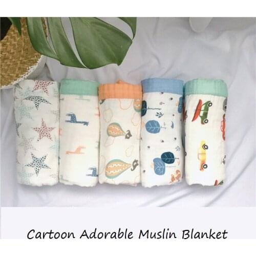 Baby Adorable Cartoon 4 Layer Bamboo Cotton Blanket Spring Summer Warm Muslin Swaddle Soft Comfortable Colorful Wrap Newborn