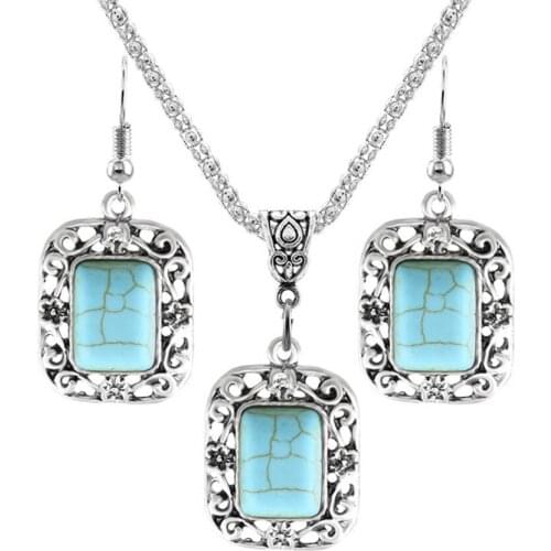 FYSL 10 Sets Silver Plated Rectangle Shape Green Turquoises Stone Pendant Necklace Dangle Earrings Trendy Jewelry