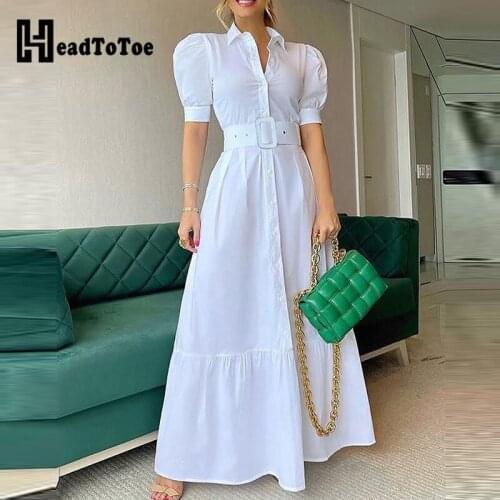 Plain Puff Sleeve Buttoned Shirt Dress