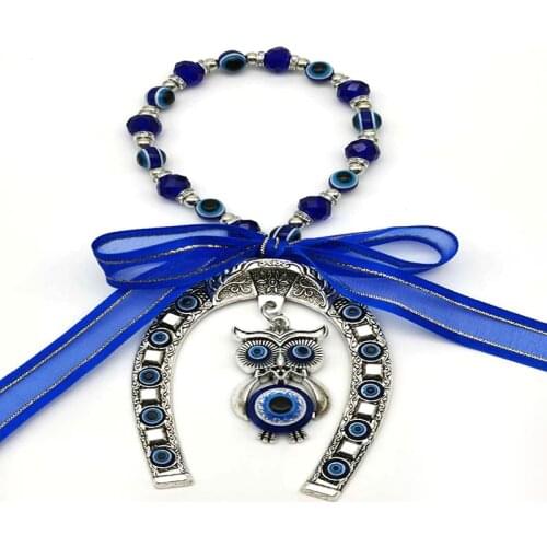 Horseshoe Blue Eyes And Owl Blue Ribbon Key Chains Pendant Door And Window Decoration Wall Hanging For Protection Against Evil