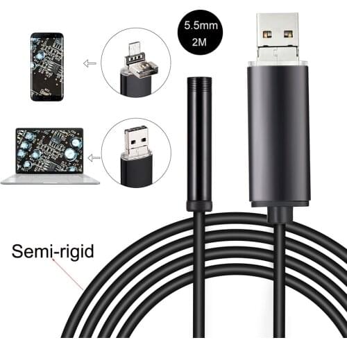 2M Semi-Rigid USB Endoscope 0.3MP Borescope 5.5mm Probe Camera Waterproof Inspection Borescope 6 LEDs USB Wire Snake Tube Camera