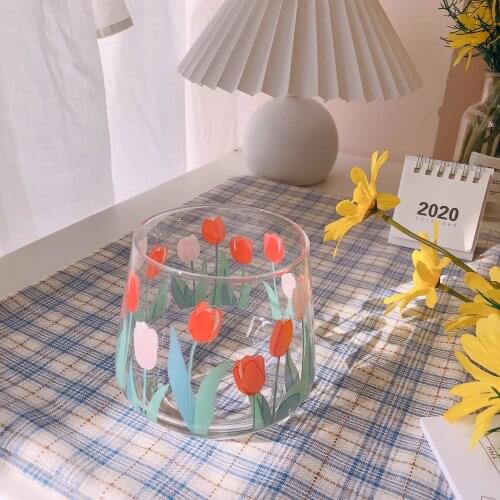 Hand Painted Tulip Flower Glass Milk Cup Coffee Cup Water Cup Juice Cup Water Bottle Cute Water Bottle