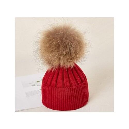 Women Boy casual Thick knitted beanies skullies New kid Child girl striped real fur pom pom Knitting hat cap gorros