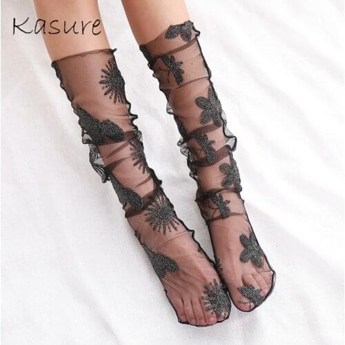KASURE Transparent Flower Pattern High Socks Ladies Sexy Mesh Sock With Lace Fringe Spring Summer Cool Socks For Women
