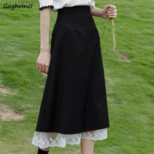 Black Skirts Women Mid-calf Lace Patchwork Elegant Simple Fashion Leisure All-match Summer A-line Temperament Soft Tender Lady