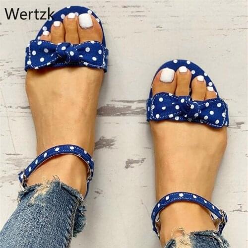 Woman Open Toe Sandals Ladies Polka Dot Casual Butterfly Knot Buckle Flat Shoes Woman Fashion Comfort Sandals Female New B502