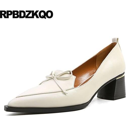 Pumps high quality size 4 34 medium heels thick pointed toe ladies block genuine leather beige new chunky brand women shoes 2019