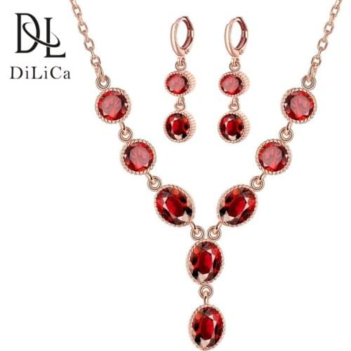 DiLiCa Luxury Jewelry Sets for Women Crystal Rose Gold Color Alloy Choker Chain Necklace Pendant Earrings Bracelet collier femme