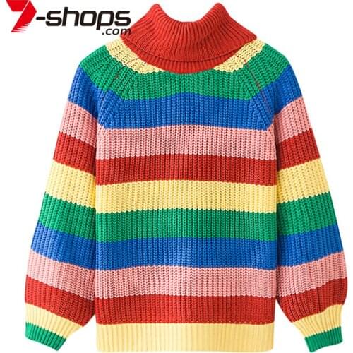 AECU Rainbow Turtleneck Sweaters Women Jumpers Striped Oversized Pullover Female Sweater Kazak Long Sleeve Pull Femme Hiver