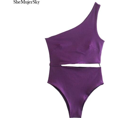 SheMujerSky Women Sexy One Shoulder Purple Bodysuits Waist Hollow Out Elastic Slim Bodysuit 2021 Jumpsuit