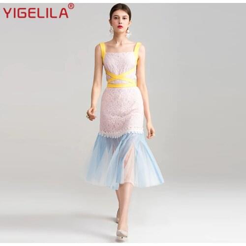 YIGELILA 2019 Summer Fashion Square Neck Sleeveless Bandage Sheath Package Hip Mid Length Mesh Lace Party Dress For Women 62813