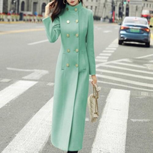 Women 2020 The New Winter Korean Fashion Elegant Collar Woolen Coats Double Breasted Ladies Solid Color Super Long Woolen Jacket
