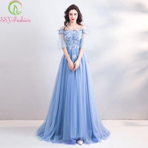 SSYFashion 2019 New Lace Evening Dress Banquet Elegant Blue Boat Neck Appliques Floor-length Party Formal Gowns Robe De Soiree
