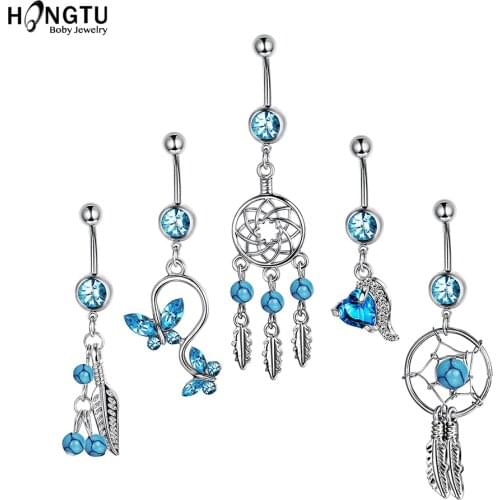 1PC Zircon Dream Catcher Belly Button Ring Crystal Belly Bars Sexy Stainless Steel Dangle Navel Piercing Women Body Jewelry 14G
