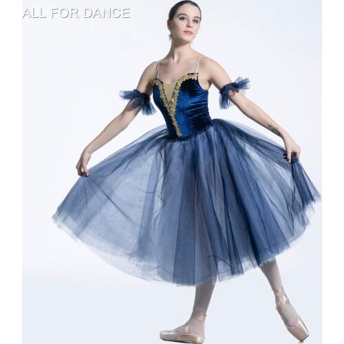 All For Dance New Dark Blue Velvet Bodice Top With Dark Blue&White Tulle Ballet Stage Performance Dance Long Dress Dancewear
