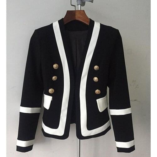 2021 Casual Women Jackets Lion Metal Double-Breasted Coat Black And White Color Suit Fashion Slim Long Sleeve Female Clothes