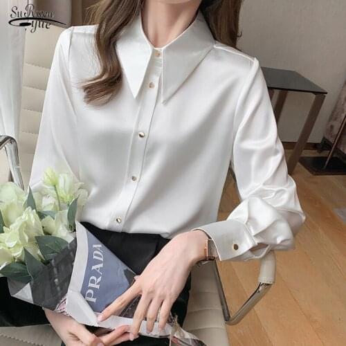 Satin Blouses Women Long Sleeve Shirts Tops Woman Korean Silk Women Shirts Silk Shirt Woman Peter Pan Collar Satin Blouses 16824