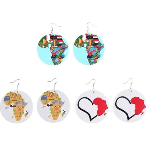 Bohemia Wood Africa Map Colorful Painting Afro Vintage Earrings Round Wooden Boho African Map Earrings Jewelry Party Accessory