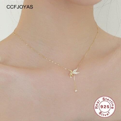 CCFJOYAS 925 Sterling Silver Elf Necklace for Women Micro-inlaid Zircon Angel Light Luxury Tassel Star Clavicle Chain Necklace