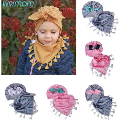 Warmom Childrens Rabbit Ears Hat Scarf Set Autumn and Winter Baby Hat With Bib Triangle Scarf Baby Headwear Kids Hats