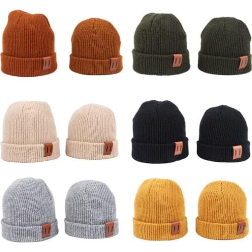 Baby Knit Hat for Boys Girls Autumn Winter Warm Kids Beanie Adult Children Parent-Child Hats Newborn Baby Cap with Leather Label