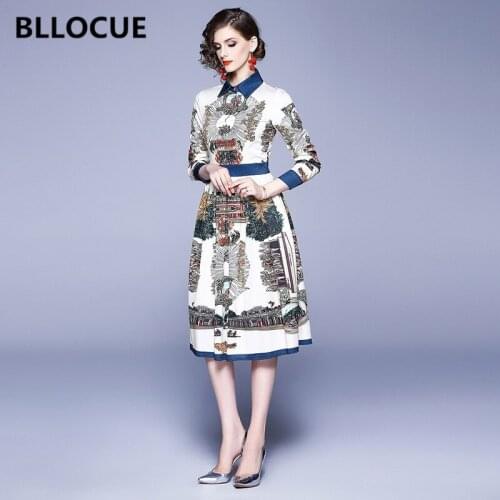 BLLOCUE Vintage Print Elegant Shirt Dress 2020 Autumn Women Long Sleeve Midi Party Dresses Lady Office Vestidos
