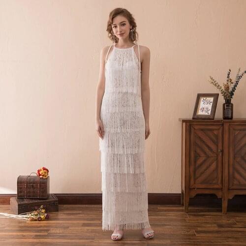 Elegant Long Prom Dresses 2019 New Scoop Neck Floor Length Lace Evening Dress Tassel Tiered Women Party Gown New Arrival