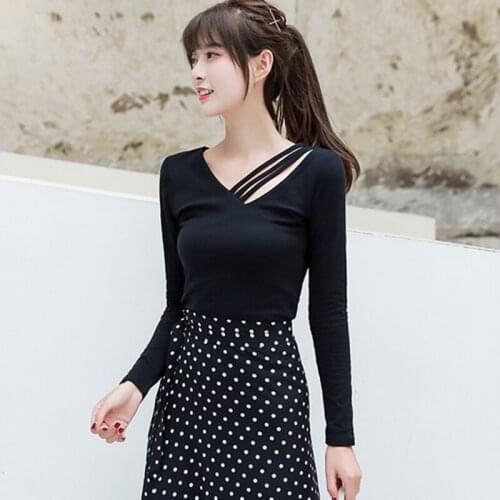 GGRIGHT 2020 Fashion V-Neck Cotton T Shirt Women Slim Long Sleeve Tee Shirt Femme Black white gray Tshirt Women Korean Clothes